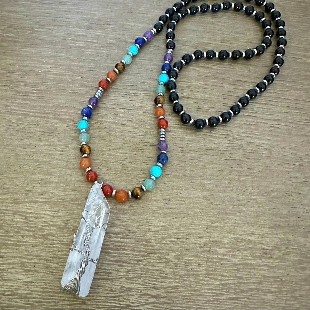 Wire Wrapped Crystal Pendant Multicolor Beaded Stone Necklace